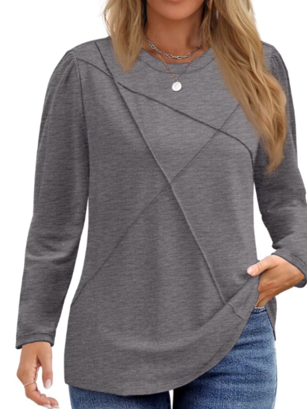 Womens Plus Size Grey Pleated Long Sleeve Tunic Top Dressy Casual XL
